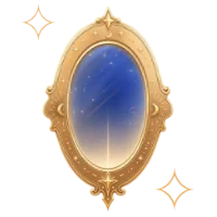 Ilustración de un espejo mágico ovalado con marco dorado ornamentado que refleja un cielo estrellado nocturno.