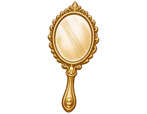 Ilustración de un espejo de oro con detalles ornamentados de estilo fantástico.