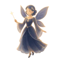 Ilustración de un hada madrina con vestido azul noche, alas transparentes y una varita mágica con estrella dorada.
