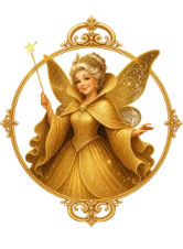 Ilustración de un hada madrina de oro con marco en oros y detalles ornamentados de estilo fantástico.