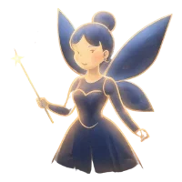 Ilustración estilo acuarela de un hada con vestido y alas de color azul oscuro, sosteniendo una varita mágica brillante.