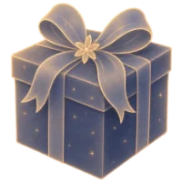 Caja de regalo azul noche con lazo dorado y estrellas brillantes, decorada con una flor central.