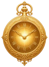 Ilustración de un reloj de bolsillo antiguo de oro con números romanos y detalles ornamentados de estilo fantástico.
